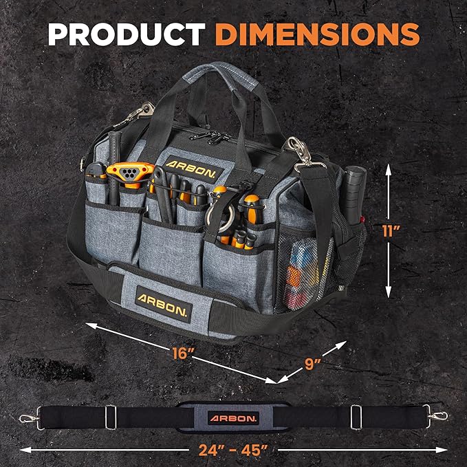 Arbon Electrician Tool Bag – Heavy Duty Organizer with 34 Pockets, Large Storage for Men, 5-Layer Reinforced Walls, Metal Frame, Hard Molded Base, Water Resistant Polyester PP Plastic, Grey, 52+ lb