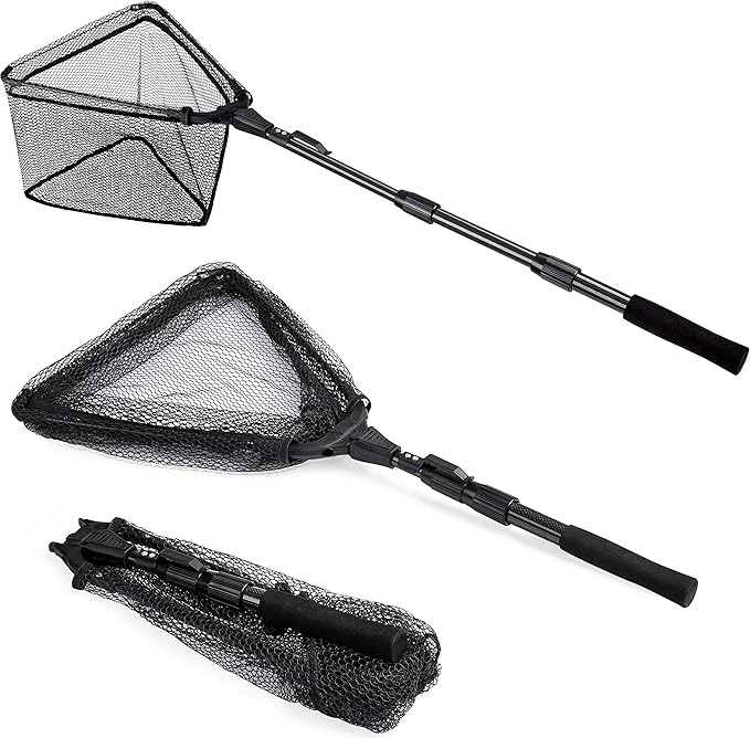 PLUSINNO Fishing Net Fish Floating Landing Net, Kayak Nets with Fixed Foldable Telescopic Pole Handle, Bass Trout Fishing Nets with Nylon Mesh for Pond Lake River, Fishing Gear Gifts for Men Anglers