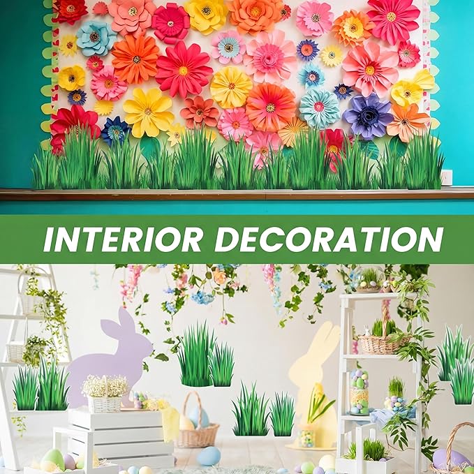 48 Pcs Green Grass Stickers 3 Sizes Grass Wall Decal Green Bulletin Board Border Spring Shape Die Cutouts for Vbs Boho Camping Trim Greenery Plant Leaves Office Decor with Adhesive Dots