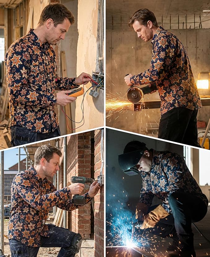 BOCOMAL FR Shirts for Men Printed Plaid Flame Resistant NFPA2112/CAT2 6.5oz Lightweight Fire Retardant Shirt
