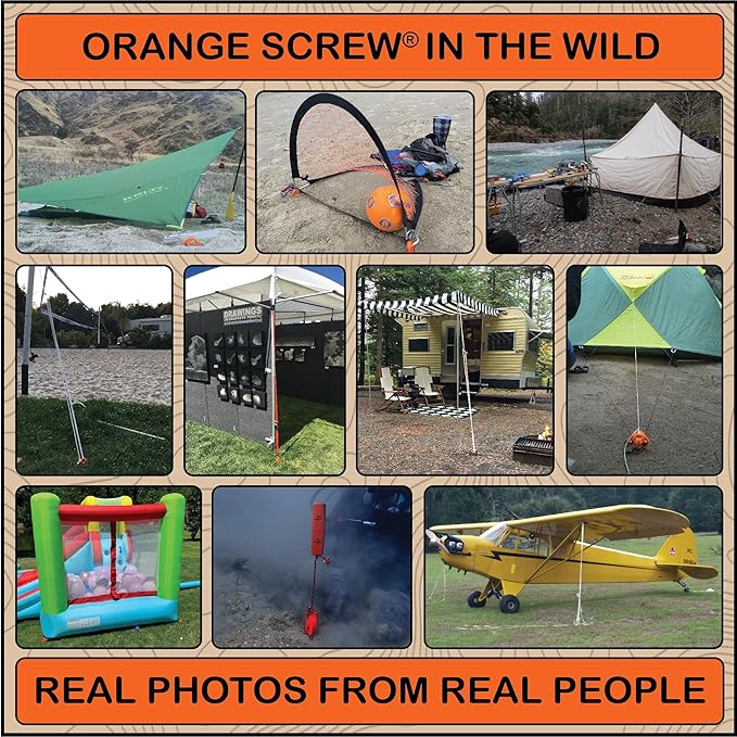 Orange Screw Ultimate Ground Anchors: Heavy Duty Screw-in Tent Stakes for High Wind, Sand, Canopies, and Camping - Made in USA, 100% Recycled, Included T-Grip Tool - (Small, 4 Pack)