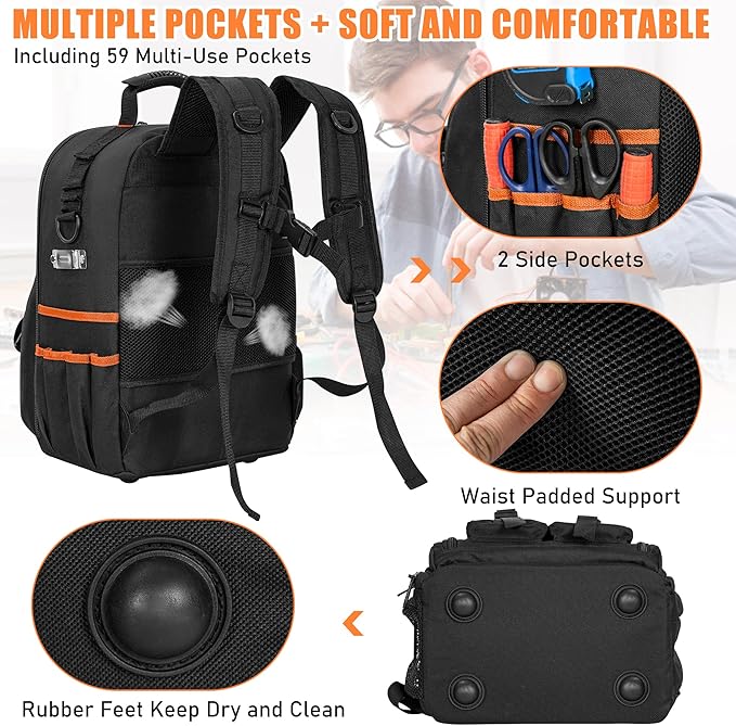 Tool Backpack, Heavy Duty Tool Bag with Padded Shoulder and Removable Tool Organizer, Water-Resistant Work Backpack, for Electrician, Plumber, HVAC, Cable Repairman, Black & Orange