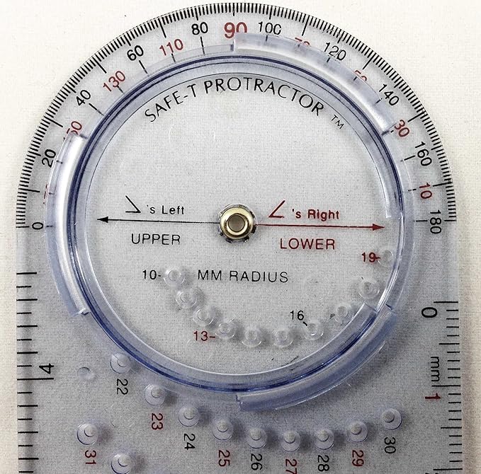 Safe-T 46110 mmArc Protractor Compass Plus, 15.8 cm Long, Clear Plastic with Bluish Hue, Semicircular Side, Rotating Disc Inset on Edge, Direct View of Vertex Points