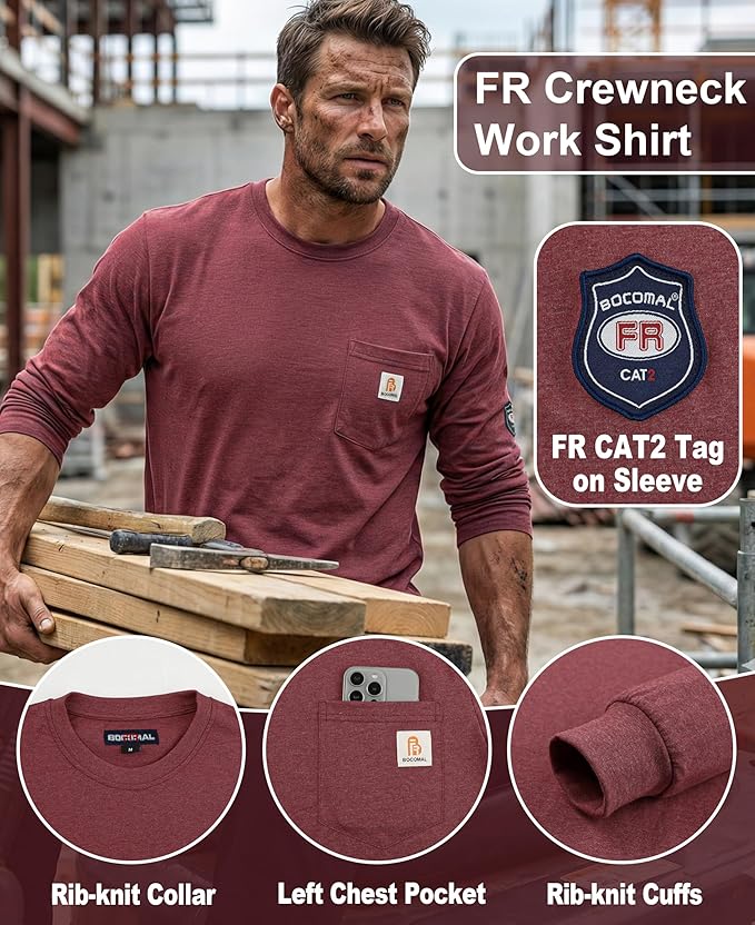 BOCOMAL FR Shirts Lightweight Classic Crew Long Sleeve Fire Resistant Shirt CAT2