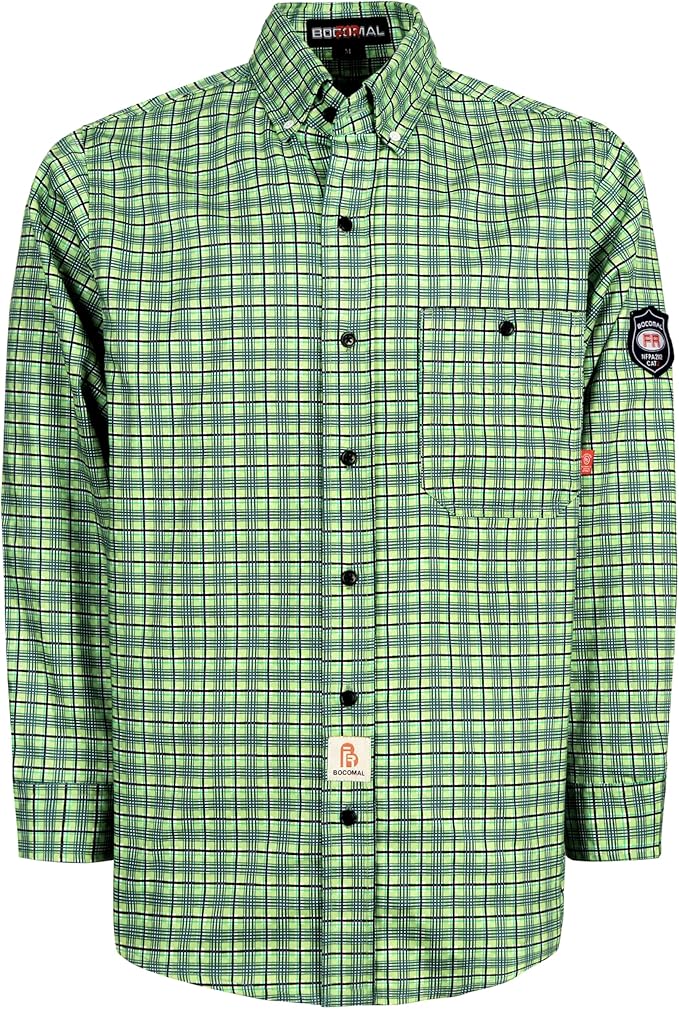 BOCOMAL FR Shirts Flame Resistant NFPA2112/CAT2 6.5oz Light Weight Printed Fire Retardant Plaid Shirt