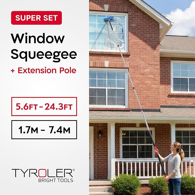 Tyroler Professional Window Squeegee with Extension Pole | 5.6-24.3ft Squeegee for Windows Cleaning | Outdoor Window Cleaner Tool, Windows Washing Kit with Extension Pole | Window Cleaning Kit