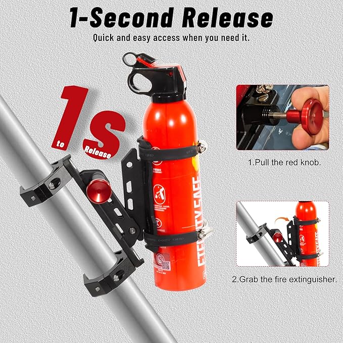 UTV Fire Extinguisher Mount Kit- Quick Release Roll Bar Fire Extinguisher Holder with Aluminum Bracket for Any Vehicle with 1.75"-2" Roll Bar, Compatible with Polaris RZR/Can Am X3/Jeep Wrangler