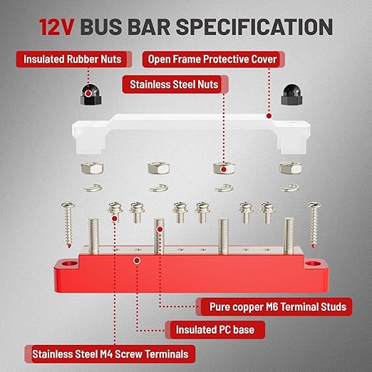 RED WOLF 150A 12V Bus Bar with Cover, 4 x 1/4" (M6) 6 x #8 (M4) Studs Power Distribution Terminal Block 48V DC Car Boat Marine Solar System (Black+Red)
