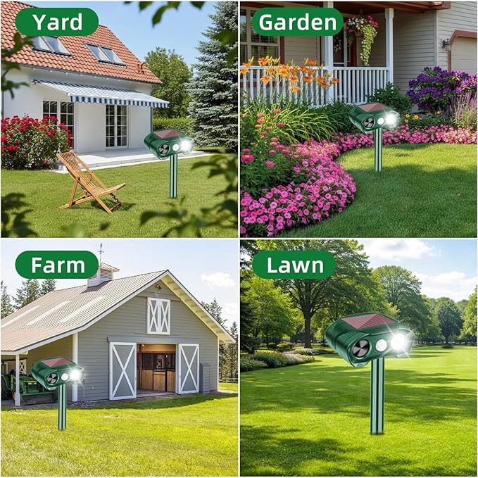 2 Pack Solar Ultrasonic Animal Repeller Outdoor Cat Deer Repellent Devices with Strobe Flashing Light - Keep Squirrels, Dogs, Raccoons,Rabbits,Skunks Away from Garden Yard Farm Animal Deterrent
