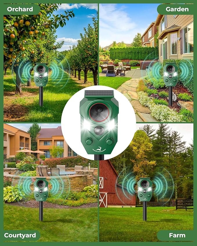Solar Deer Repellent Devices Outdoor - Ultrasonic Animal Repellent with Motion Sensor & Strobe Light, Waterproof Animals Deterrent for Yard Garden Farm to Repel Cats, Coyote, Squirrels