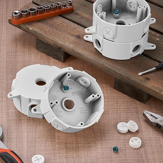Juexica 4 Pcs 4 Inch Round Electrical Box 1/2 Inch 5 Holes Weatherproof Outlet Junction Ceiling Fan Box for Outdoor Lighting Systems, UL Listed(White)