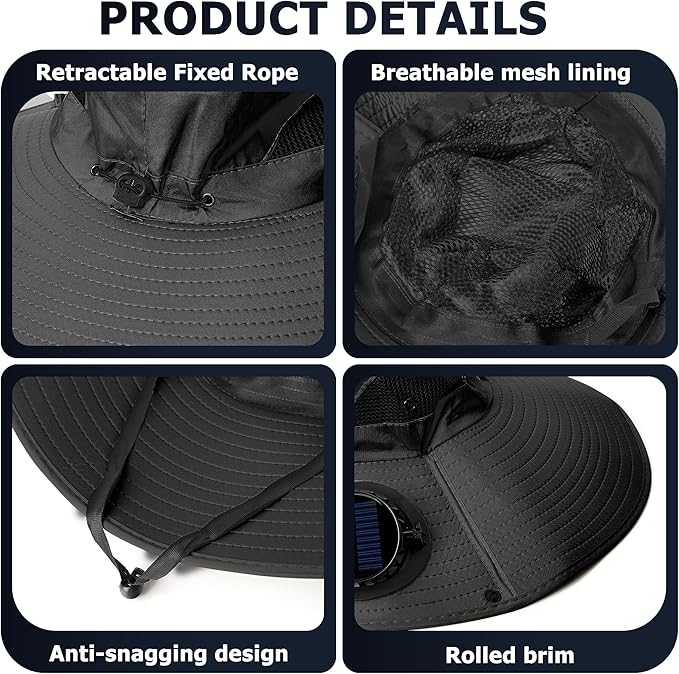 Solar Fan hat, Equipped with Two Detachable Fans, USB/Solar Dual Power Supply, Full Sun Protection,Wide Brim Adjustable