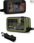 2 Pack Tool Pouch with Dual Compartments, 12” Tool Bag with Detachable Shoulder Strap, Carry Handle and Translucent Window, Black/Green