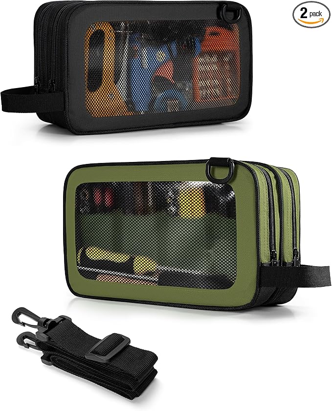 2 Pack Tool Pouch with Dual Compartments, 12” Tool Bag with Detachable Shoulder Strap, Carry Handle and Translucent Window, Black/Green