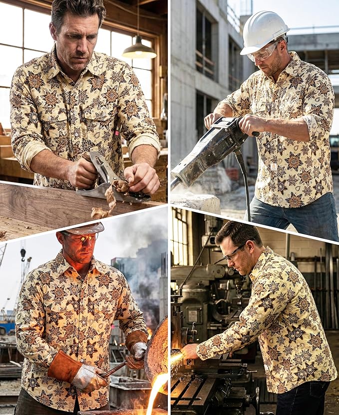 BOCOMAL FR Shirts for Men Printed Plaid Flame Resistant NFPA2112/CAT2 6.5oz Lightweight Fire Retardant Shirt