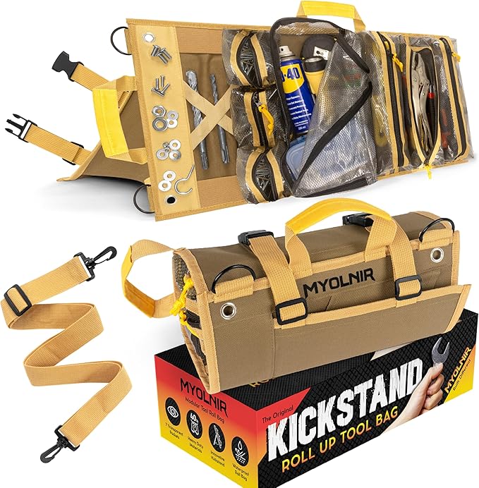Roll Up Tool Bag Organizer With Kickstand - Compact Heavy Duty Motorcycle Tool Roll Bag Organizer - Portable Rollup Toolbag With Magnetic Panels & Transparent Pockets - Mechanic & Electrician