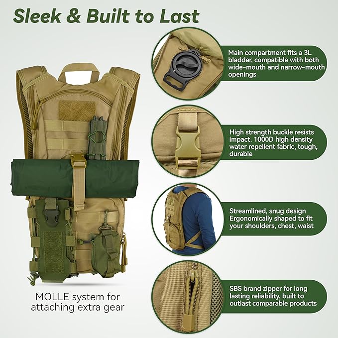 MARCHWAY Tactical Molle Hydration Pack Backpack with 3L TPU Water Bladder, Military Daypack for Cycling, Hiking, Running, Climbing, Hunting, Biking