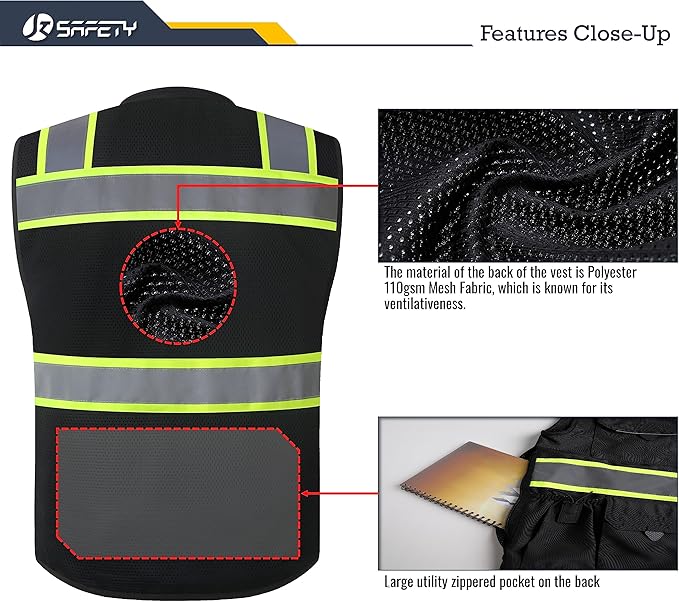 JKSafety Hi-Vis Unisex Surveyor Safety Vest Heavy Duty PPE Inner Pockets ANSI/ISEA Compliant