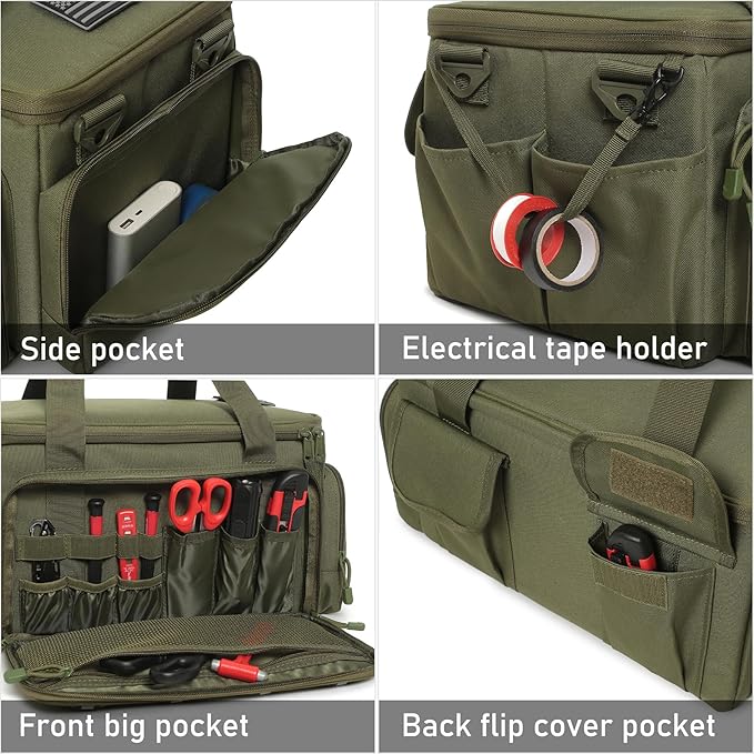 15-Inch Tool Bag Multi-purpose Tool Organizer Bag For Men with Shoulder Strap, Tactical Range Bag Work Tote for Repairman, Carpenters, Handymen (Army Green)