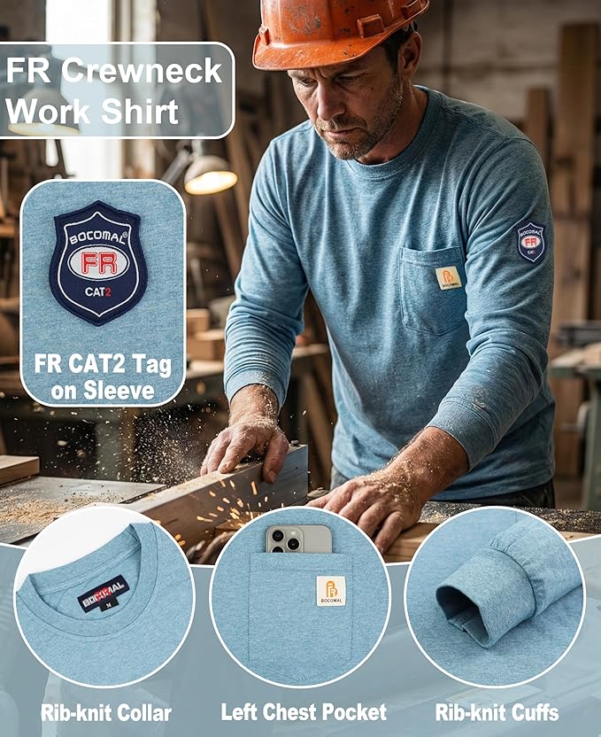 BOCOMAL FR Shirts Lightweight Classic Crew Long Sleeve Fire Resistant Shirt CAT2