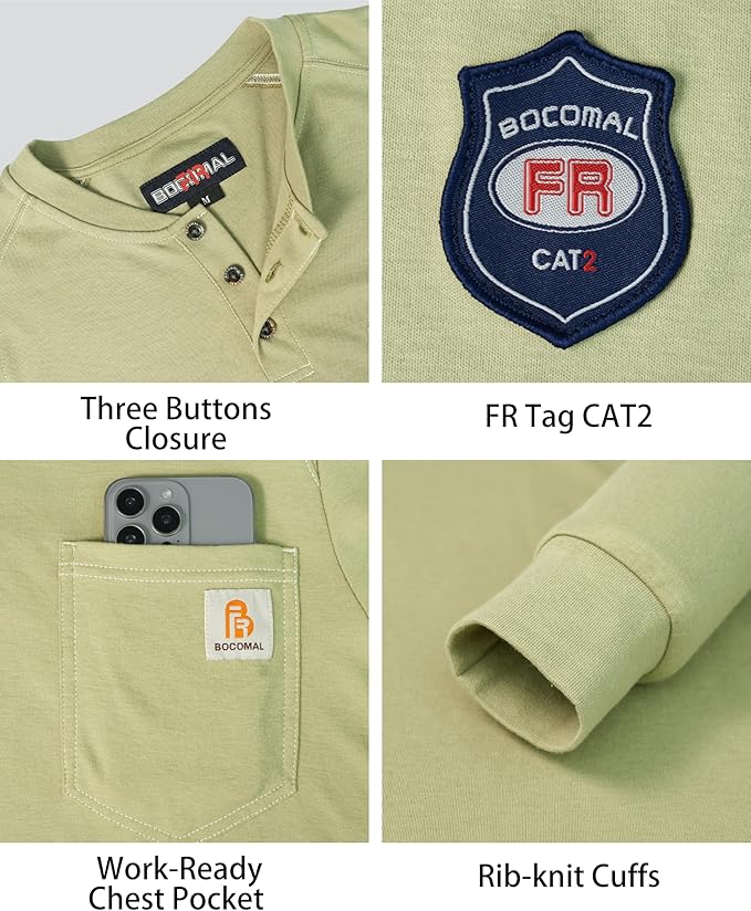 BOCOMAL Men's FR Henley Shirt Flame Resistant 5.5oz Cotton Long Sleeve Workwear UL NFPA2112 CAT2 Welding Tee