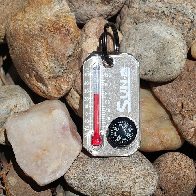 Sun Company Therm-o-Compass | Multi-Functional Zipper Pull Compass & Thermometer with Wind Chill Chart | Ideal for Camping, Hiking, and Outdoor Navigation