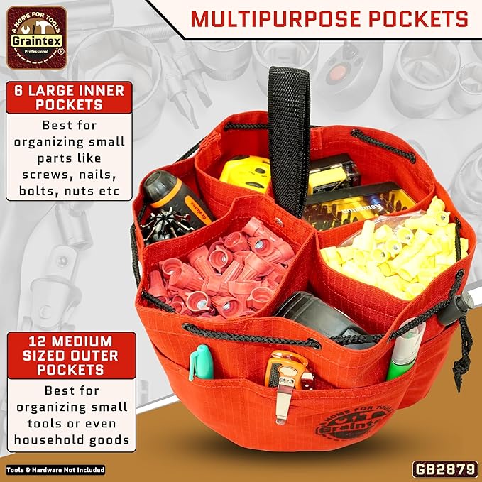 Graintex 18 Pockets Grab Bag Rip-stop Canvas Drawstring Closure, Small Part Organizer Pouch, Small Tools, Screws, Parts, Parachute Tool Bag for Efficient Storage - Red