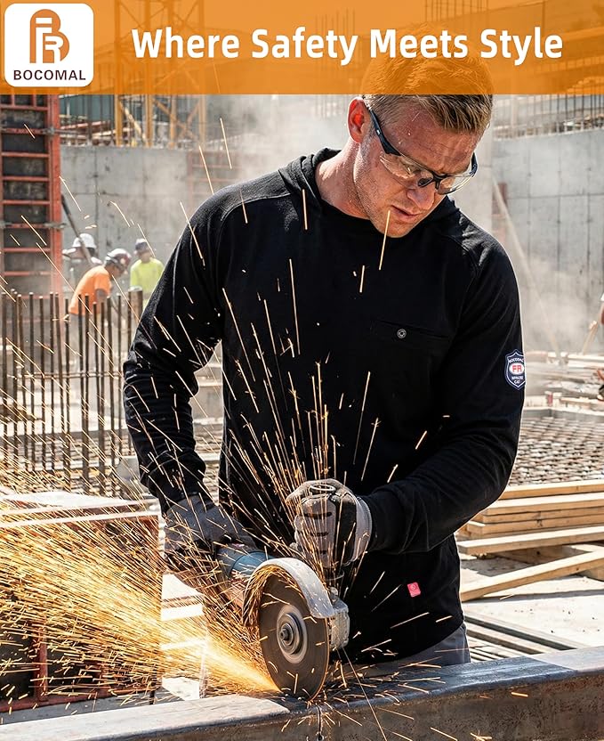 BOCOMAL FR Hooded T Shirts Chest Pocket Fire Resistant Summer Hoodie NFPA2112 CAT2 Flame Retardant FRC Welding Work Shirt