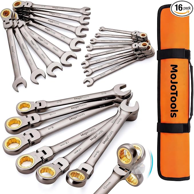 Ratchet Wrench Set, 16-Piece Flex-Head Ratcheting Combination Wrench Set, Metric Wrench Set 6–24 mm, 72-Teeth Cr-V, Nickel-Plated with Wrench Organizer Roll Bag