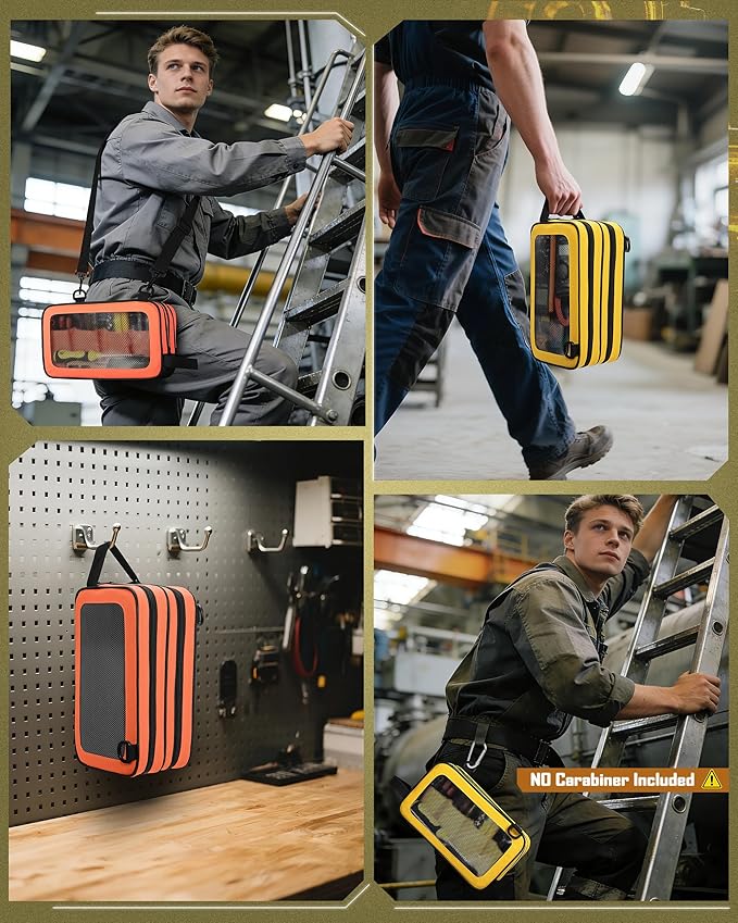 2 Pack Tool Pouch with Dual Compartments, 12” Tool Bag with Detachable Shoulder Strap, Carry Handle and Translucent Window, Orange-red/Yellow