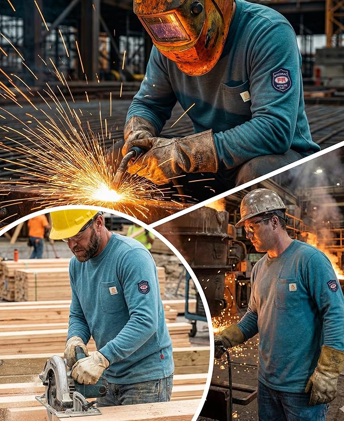 BOCOMAL FR Shirts Crewneck 7oz Midweight Flame Resistant Clothing NFPA2112 CAT2 Men's Fire Retardant Work Shirt