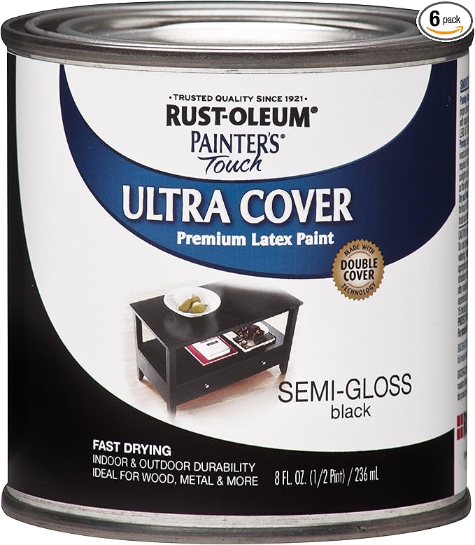 Rust-Oleum 1974730-6PK Painter's Touch Latex Paint, Half Pint, Semi-Gloss Black, 8 Fl Oz (Pack of 6)