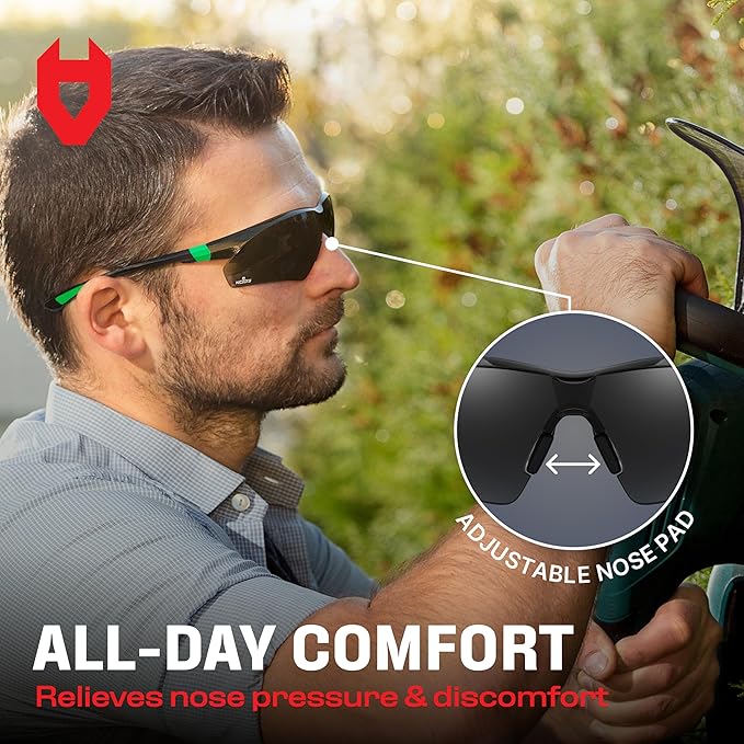 NoCry Safety Glasses with Clear Anti Fog Scratch Resistant Wrap-Around Lenses and No-Slip Grips, UV Protection. Adjustable (Black & Green Tinted 10-pack)