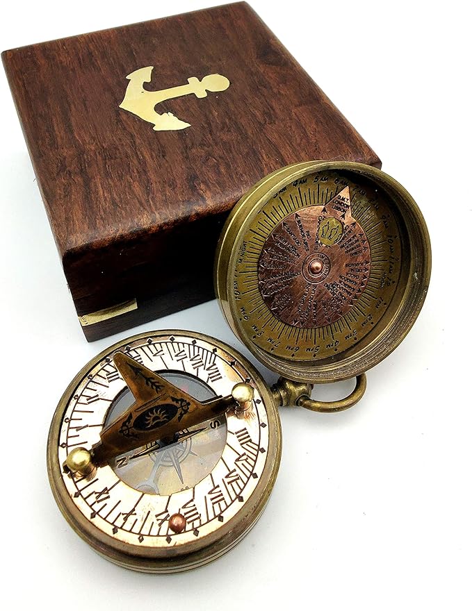 Pocket Sundial Compass, Both Side on lid Handwork.