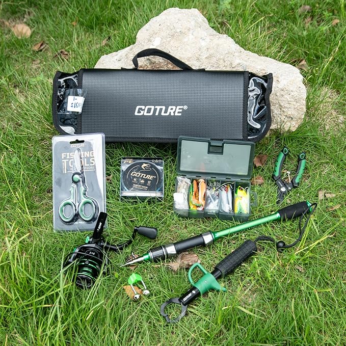 Goture Fishing Poles and Reels Combo - Green Telescoping Fishing Rod Portable Travel Kit with Carrier Bag for Freshwater Saltwater