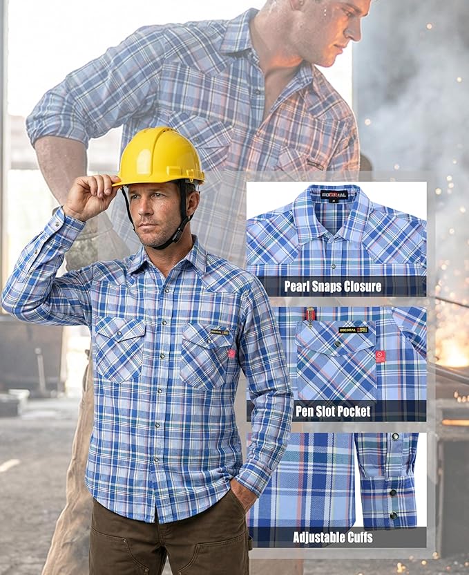 BOCOMAL FR Shirts Flame Resistant 100% C NFPA2112 7.5oz Men's Fire Retardant Welding Shirt
