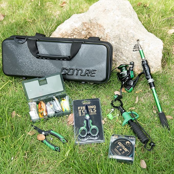 Goture Fishing Poles and Reels Combo - Green Telescoping Fishing Rod Portable Travel Kit with Carrier Bag for Freshwater Saltwater