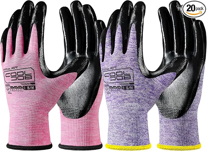COOLJOB 20 Pairs Nitrile Dipped Rubber Coated Safety Work Gloves with Grip, Non-slip Bulk Gardening Roofing Gloves for Ladies Women, Oil-resistant Gear for Package Handler, Warehouse Worker, Medium