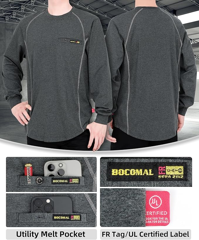 BOCOMAL FR Shirts for Men Melt Pocket Lightweight Crew T-Shirt NFPA2112/CAT2 Fire Resistant Work Shirt