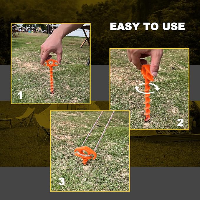Tent Stakes Ground Anchors Screw in, 6 Pack Sand Stakes for Beach 9.4 Inch Heavy Duty Spiral Tent Pegs for Camping, Party, Hiking, Outdoor Decoration (6, Orange)