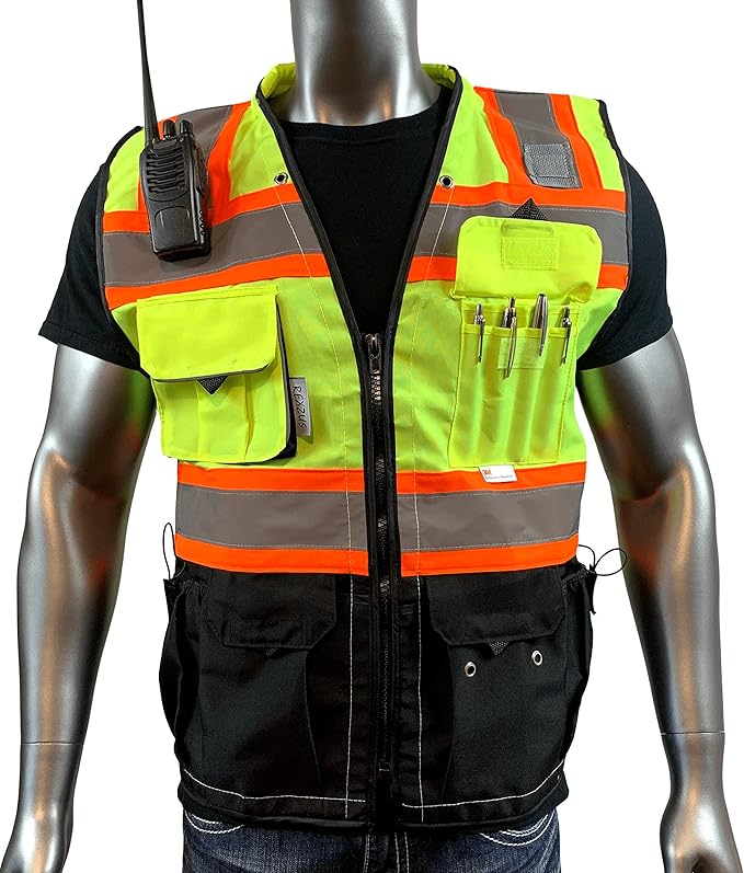 C Vest for Mens Safety Vest With Zipper and Utility Pockets Premium Black Series Surveyors Vest (Large, Yellow/Black)