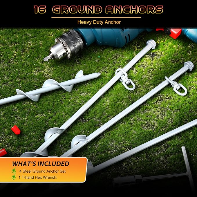 Hiboom 4 Pcs Ground Anchors with T Handle Hex Wrench Trampoline Hook, Ground Anchor Screw in Kit, Inflatable Outdoor Decorations Accessories for Camping Tents Car Ports Canopies (Silver,16 Inch)