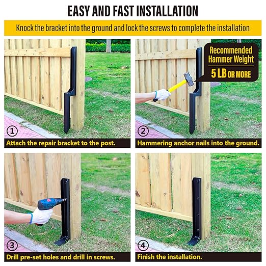 Heavy Duty Steel Fence Post Repair Stakes, Fence Post Anchor Ground Spike, for Repair Tilted/Broken Wood (6 Pack/Black
