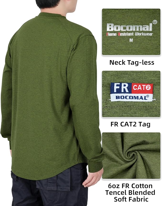 BOCOMAL Men's FR Shirts Long Sleeve Crewneck EX Soft Heather Series 6oz Midweight Flame Resistant Work T Shirt CAT2