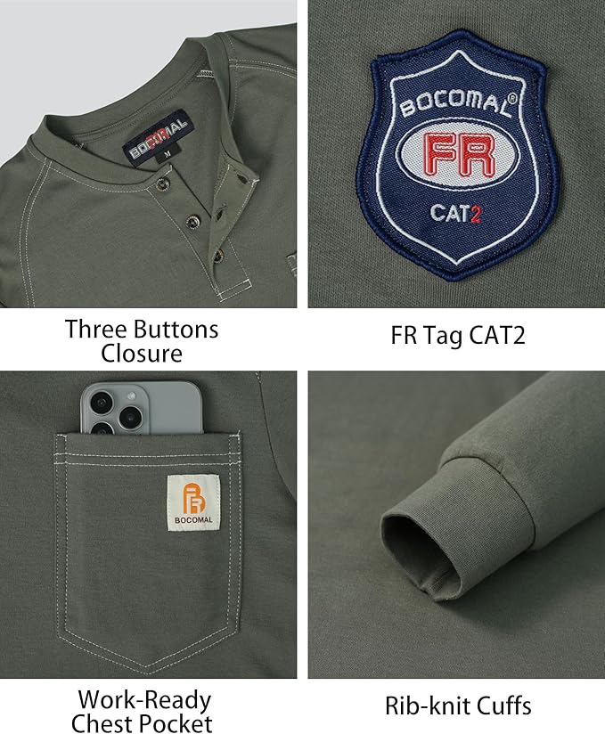 BOCOMAL Men's FR Henley Shirt Flame Resistant 5.5oz Cotton Long Sleeve Workwear UL NFPA2112 CAT2 Welding Tee