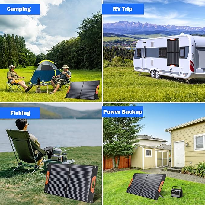 100W Portable Solar Panel for Power Station, Foldable Solar Charger with High 24% Efficiency, ETFE Coating, QC3.0 USB/Type-C & 100 watt 20V DC Output. Includes Adapters for Camping, RV, Emergency