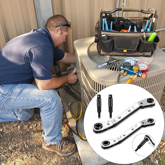 Hvac Service Wrench Tools:3/16” to 3/8” 5/16'' x 1/4''Air Conditioner Valve Ratchet Wrench with 2 Hexagon Bit Adapter Kit for Air Refrigeration and Equipment Repair Tools Clearance