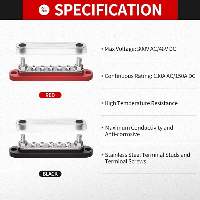 DaierTek 12v Bus Bar 150A Small Battery Power Distribution Block 12 Volt Positive & Negative Terminal Block Busbar 2 x 1/4" Terminal Studs 5 x #8 Terminal Screws with Cover for Marine Automotive Car