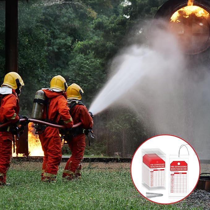 50 Fire Extinguisher Inspection Tag Plastic Cover 3.4 x 7.3 Inch Service Record Tags Fire Extinguisher Tamper Seal with Fire Tags and Iron Wire Resealable Waterproof for Indoor and Outdoor (50)