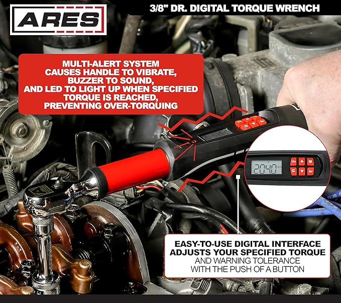 ARES 43000-3/8-Inch Drive Electronic Digital Torque Wrench - 7.4-99.6 ft/lbs (10-135Nm) - Reversible Sealed Head - Multi-Alert System Prevents Over-Torquing
